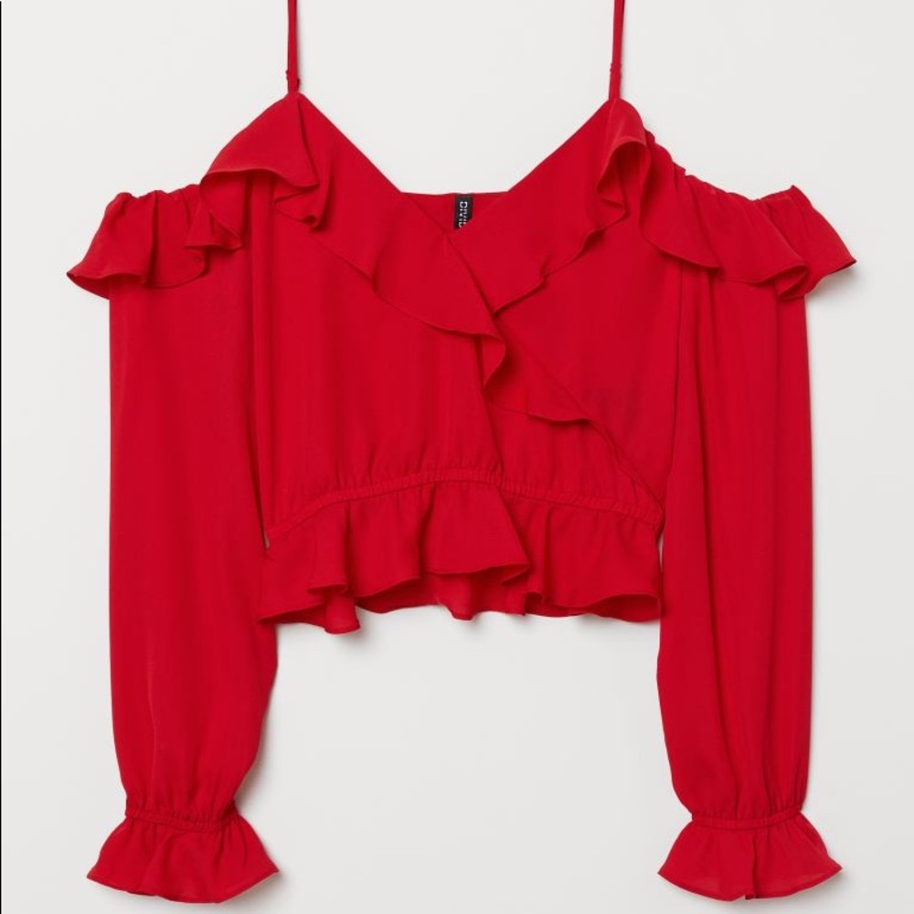 H&M Divided Red Open Shoulder Ruffle Blouse